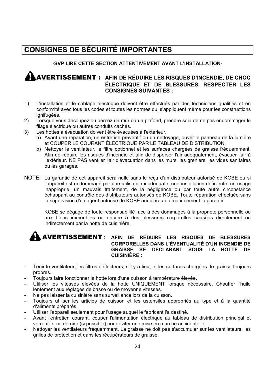 Consignes de sécurité importantes, Avertissement | Kobe Range Hoods RA9236SQB User Manual | Page 26 / 68