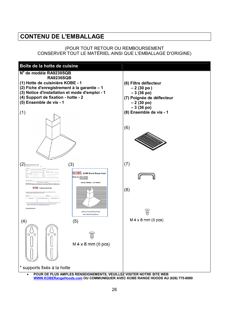 Contenu de l'emballage | Kobe Range Hoods RA9236SQB User Manual | Page 28 / 68