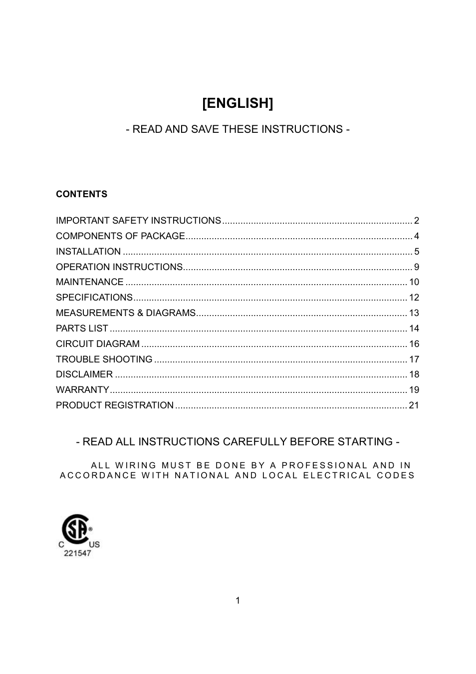 English | Kobe Range Hoods RA9236SQB User Manual | Page 3 / 68