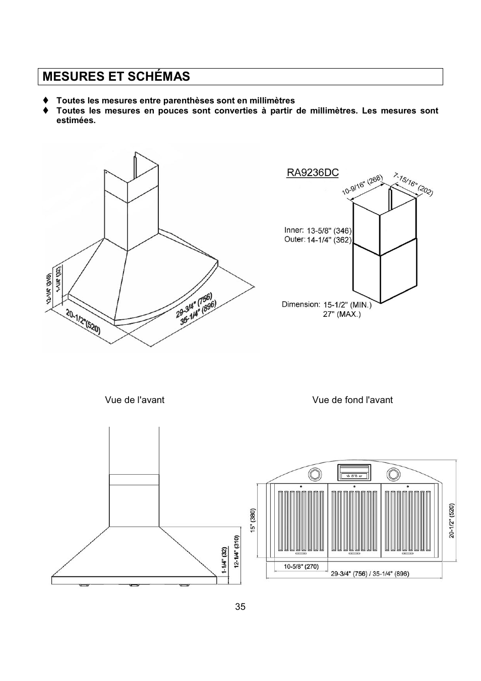 Mesures et schémas | Kobe Range Hoods RA9236SQB User Manual | Page 37 / 68