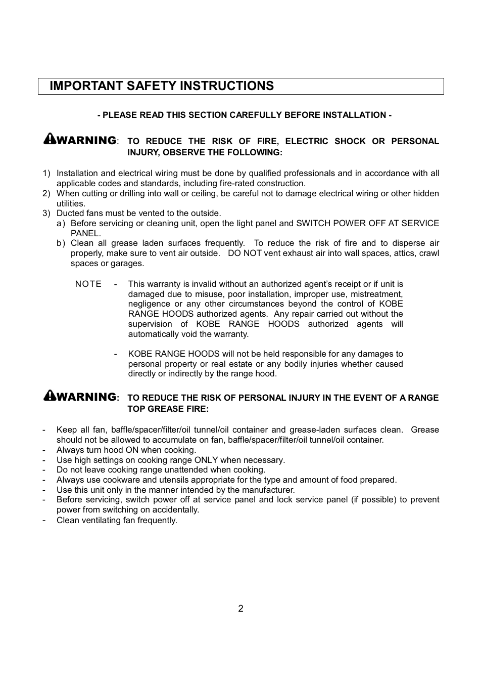 Important safety instructions, Warning | Kobe Range Hoods RA9236SQB User Manual | Page 4 / 68