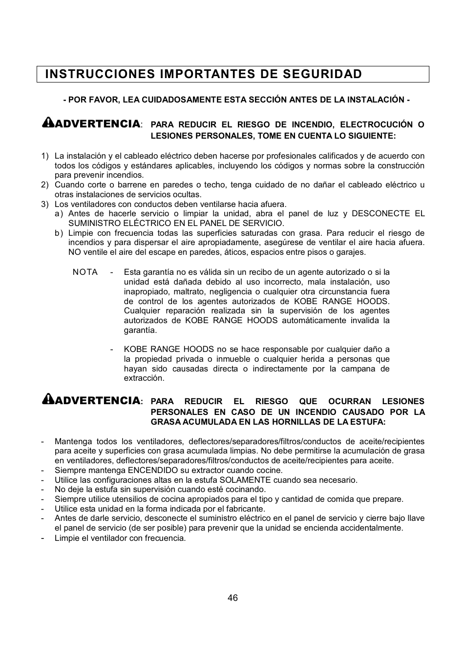 Instrucciones importantes de seguridad, Advertencia | Kobe Range Hoods RA9236SQB User Manual | Page 48 / 68