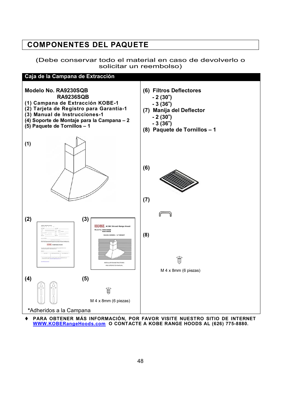 Componentes del paquete | Kobe Range Hoods RA9236SQB User Manual | Page 50 / 68