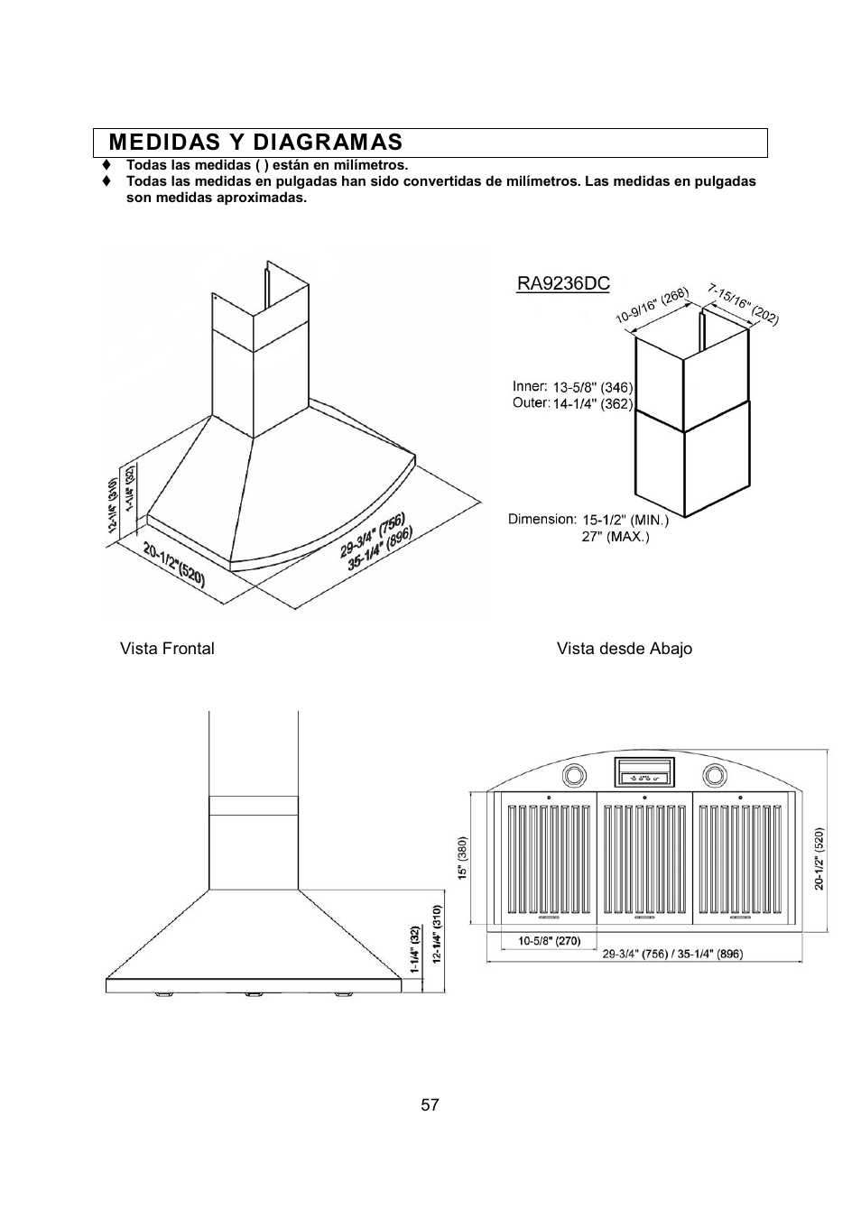 Medidas y di agram as | Kobe Range Hoods RA9236SQB User Manual | Page 59 / 68