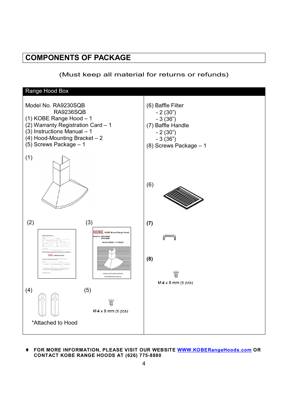 Components of package | Kobe Range Hoods RA9236SQB User Manual | Page 6 / 68