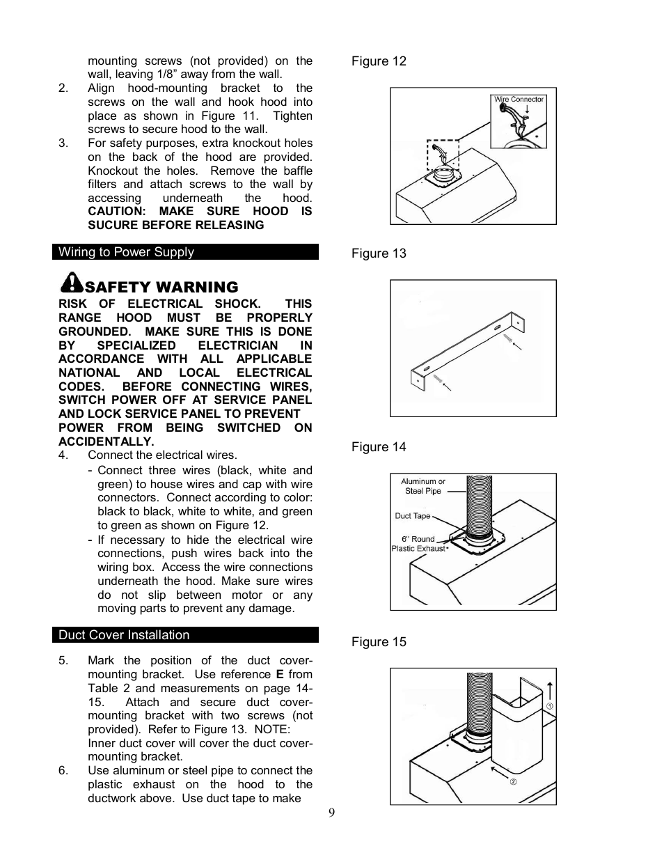 Safety w a rnin g | Kobe Range Hoods CH9130SQB User Manual | Page 11 / 27