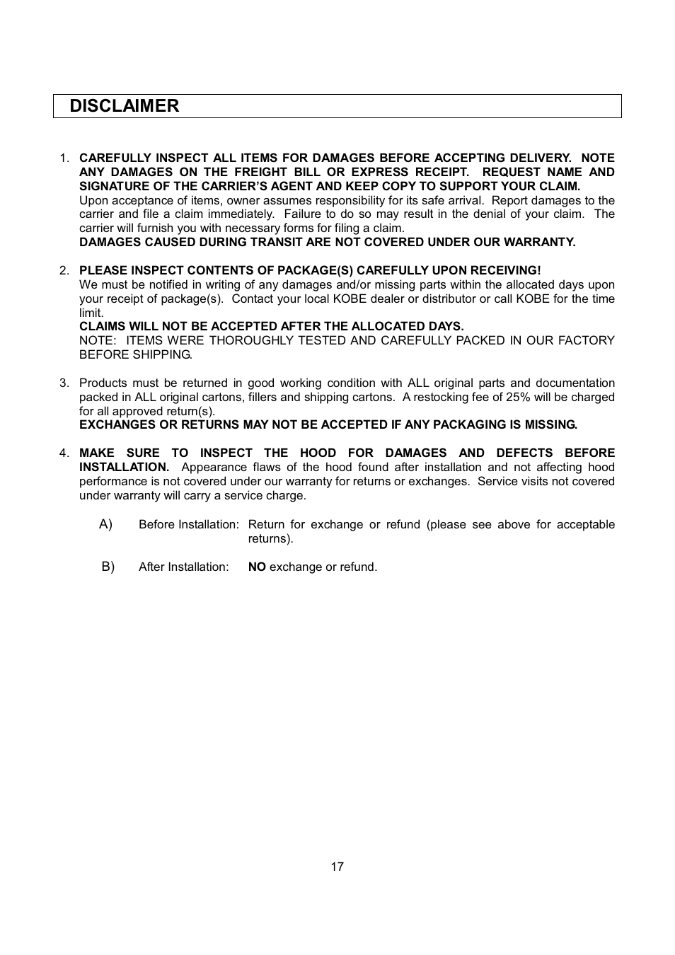 Disclaimer | Kobe Range Hoods RA2830SB User Manual | Page 19 / 66