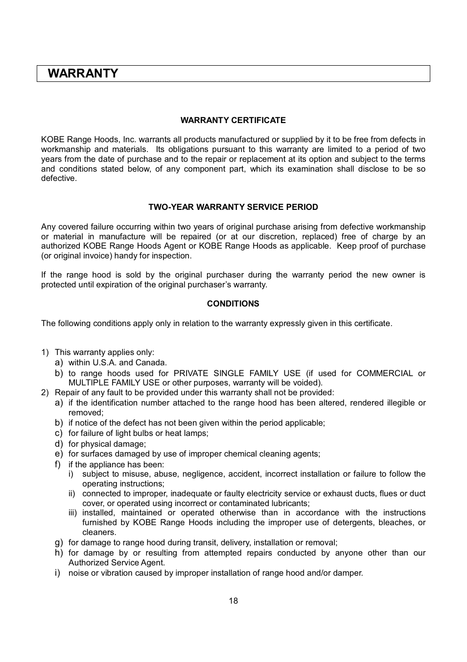 Warranty | Kobe Range Hoods RA2830SB User Manual | Page 20 / 66