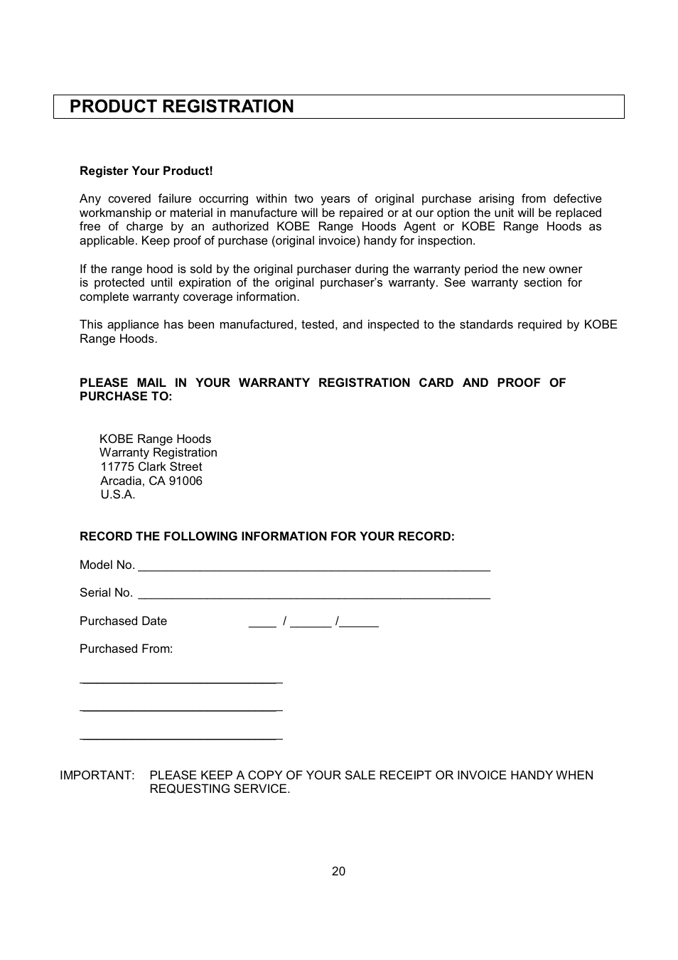 Product registration | Kobe Range Hoods RA2830SB User Manual | Page 22 / 66