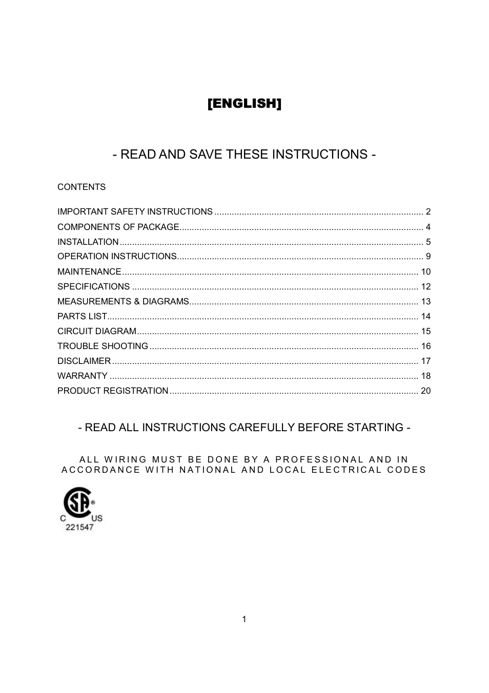 English] - read and save these instructions | Kobe Range Hoods RA2830SB User Manual | Page 3 / 66