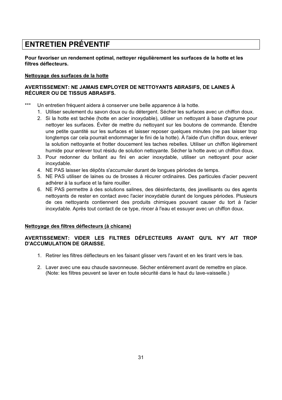 Entretien préventif | Kobe Range Hoods RA2830SB User Manual | Page 33 / 66
