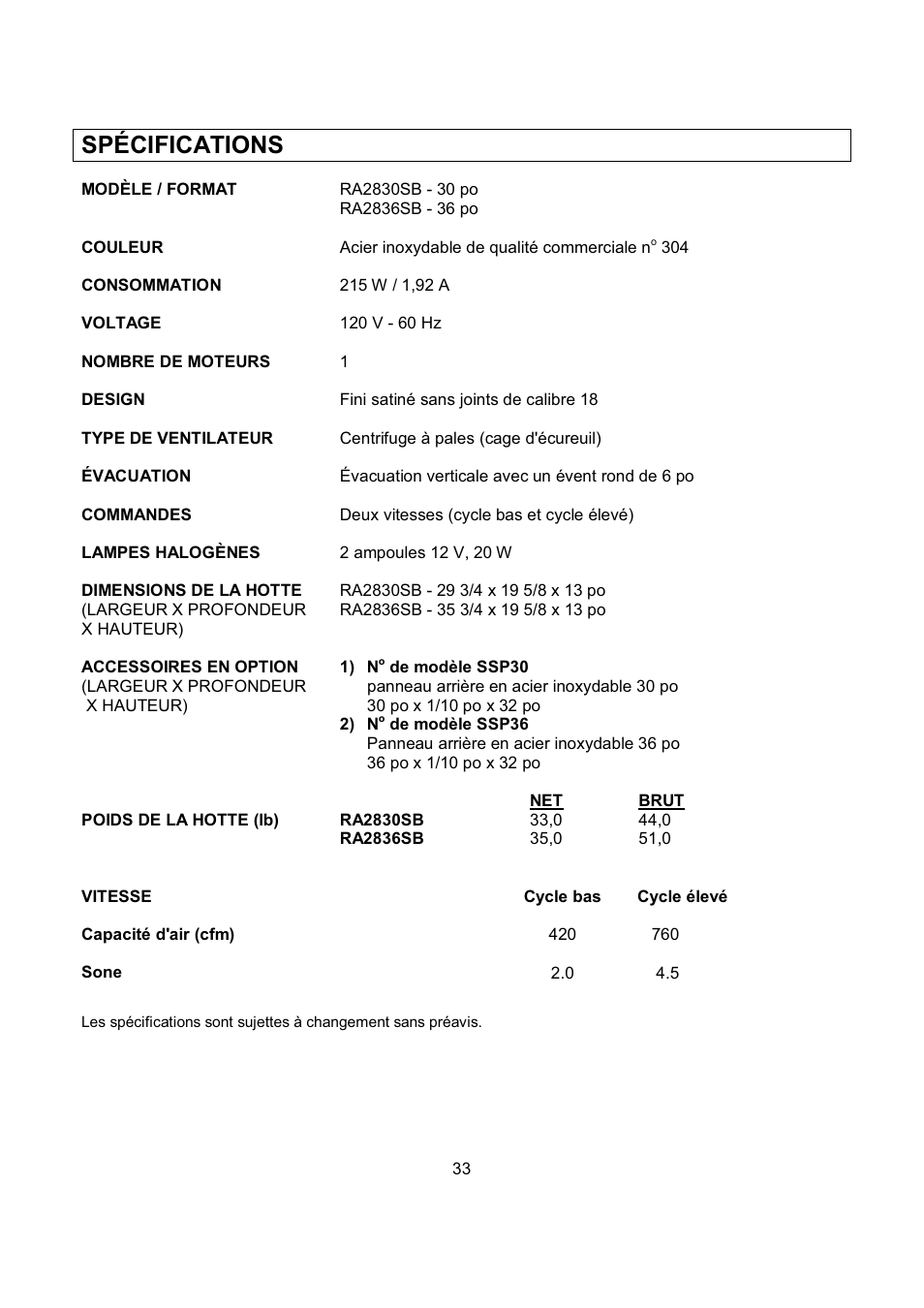 Spécifications | Kobe Range Hoods RA2830SB User Manual | Page 35 / 66