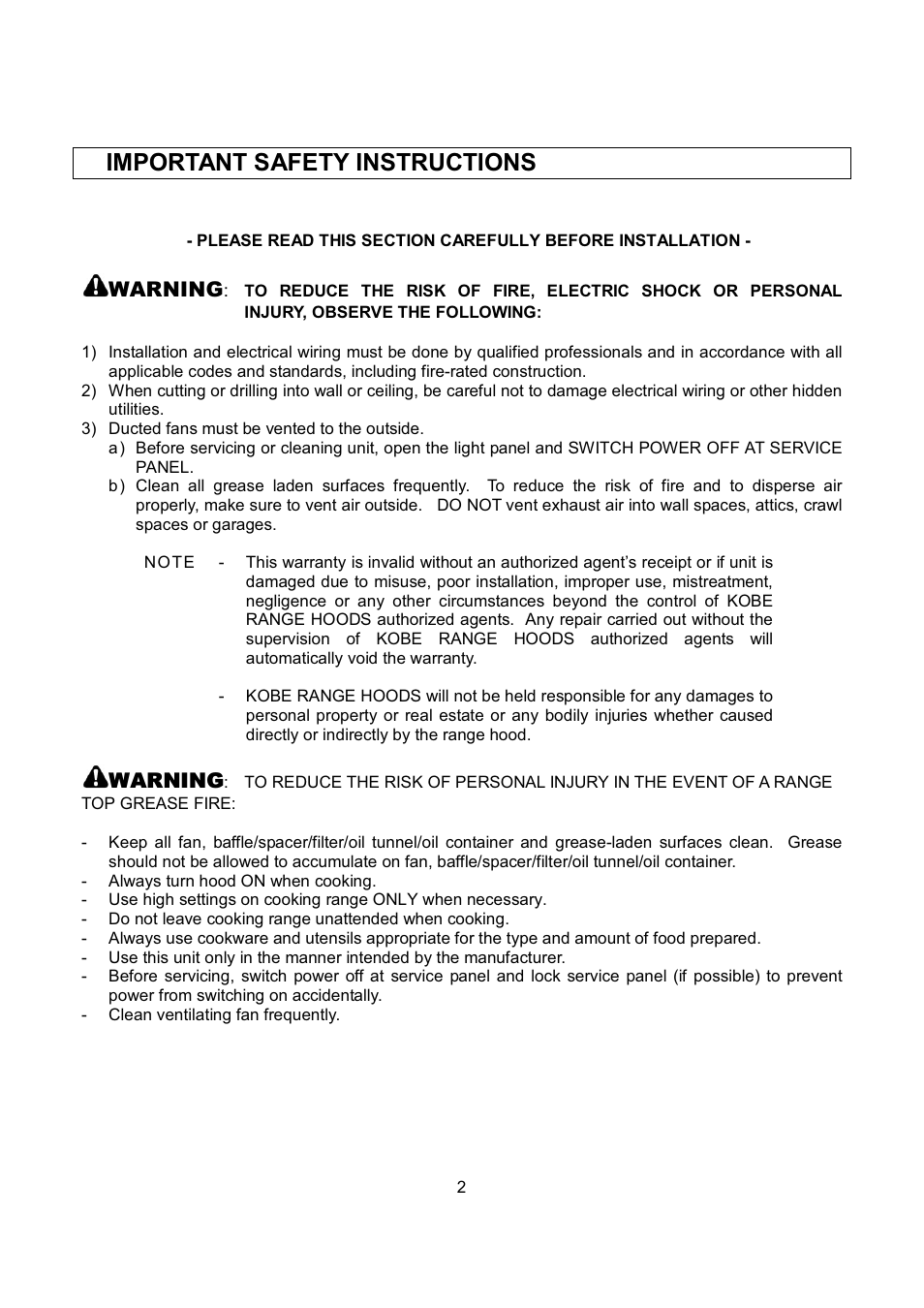 Important safety instructions, Warning | Kobe Range Hoods RA2830SB User Manual | Page 4 / 66