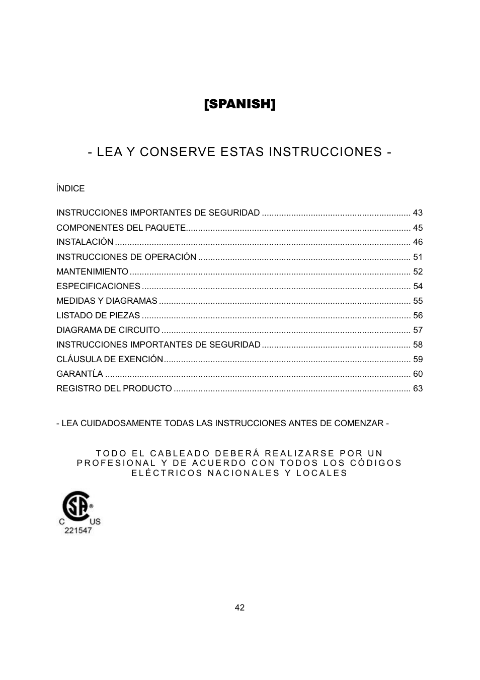 Spanish] - lea y conserve estas instrucciones | Kobe Range Hoods RA2830SB User Manual | Page 44 / 66