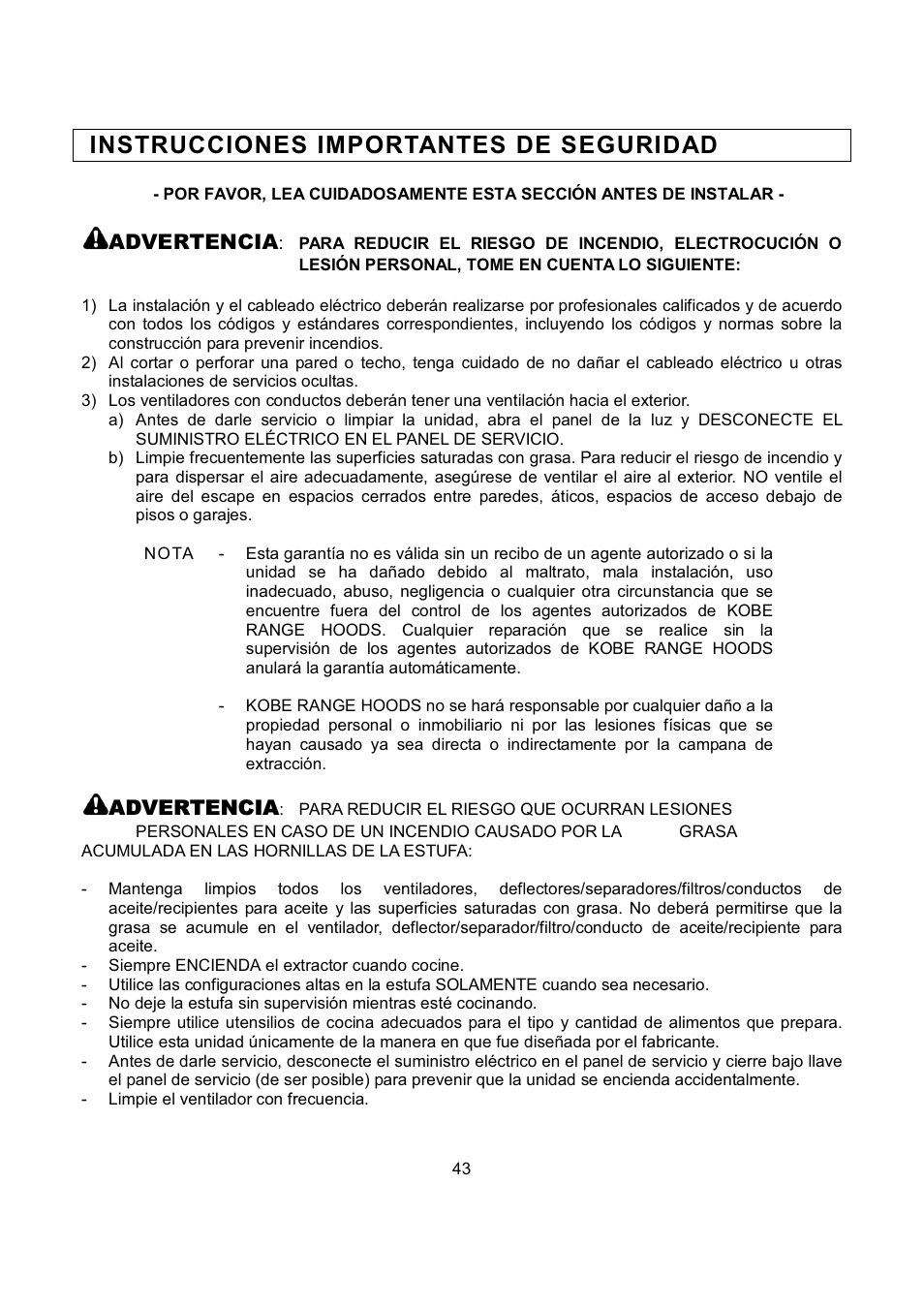 Instrucciones importantes de seguridad, Advertencia | Kobe Range Hoods RA2830SB User Manual | Page 45 / 66