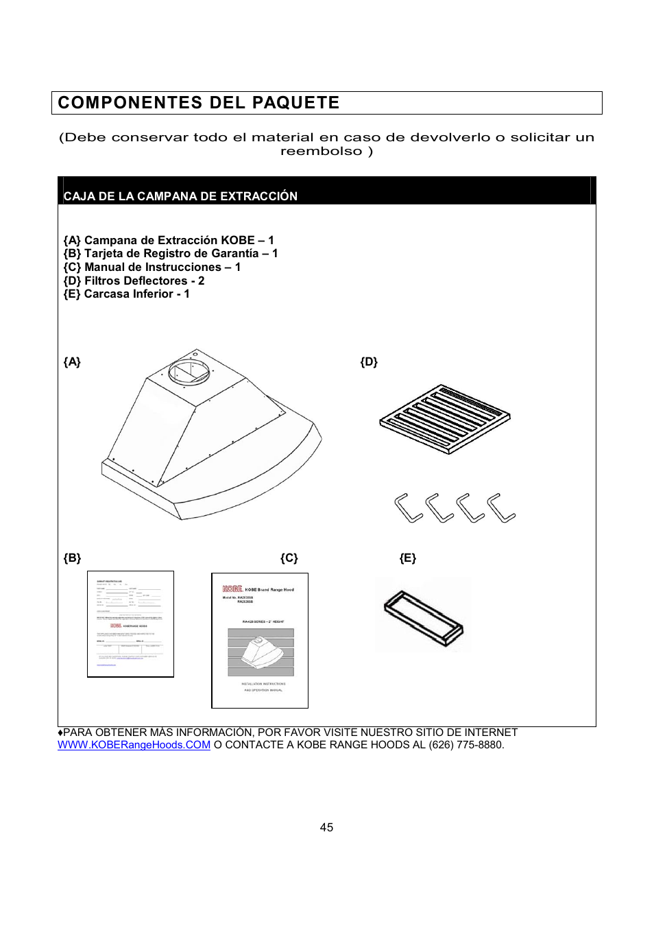 Componentes del paquete | Kobe Range Hoods RA2830SB User Manual | Page 47 / 66