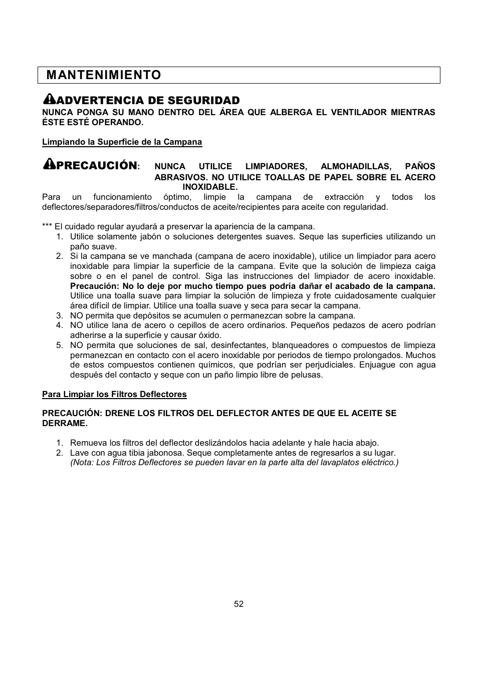 M antenimiento | Kobe Range Hoods RA2830SB User Manual | Page 54 / 66