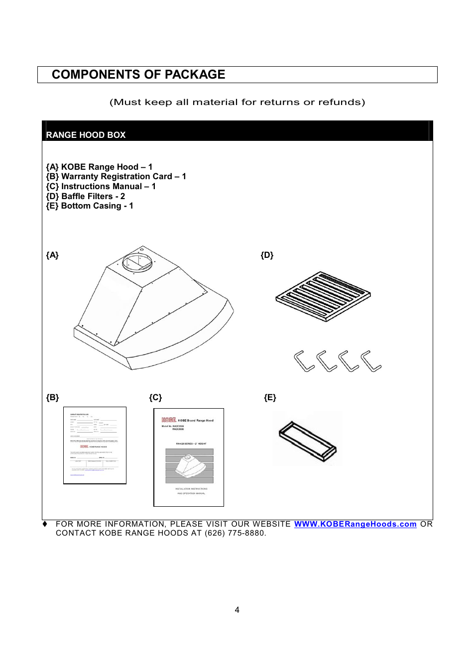 Components of package | Kobe Range Hoods RA2830SB User Manual | Page 6 / 66