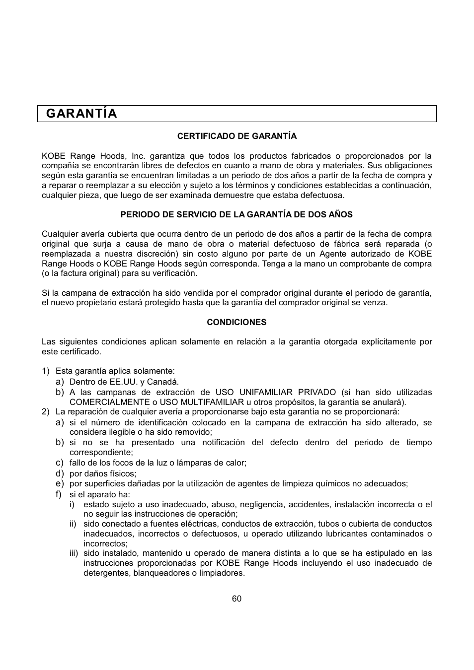 Garant ĺ a | Kobe Range Hoods RA2830SB User Manual | Page 62 / 66