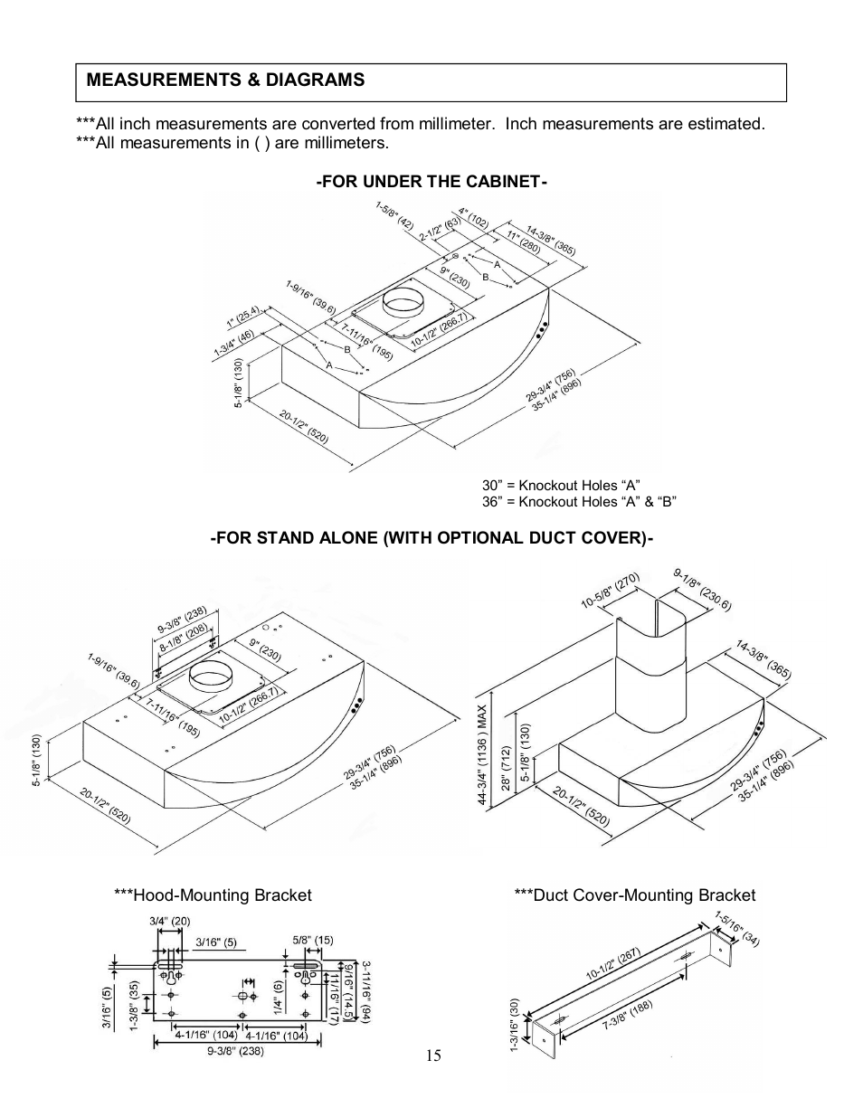 Measurements & diagrams | Kobe Range Hoods RA3830S User Manual | Page 17 / 24