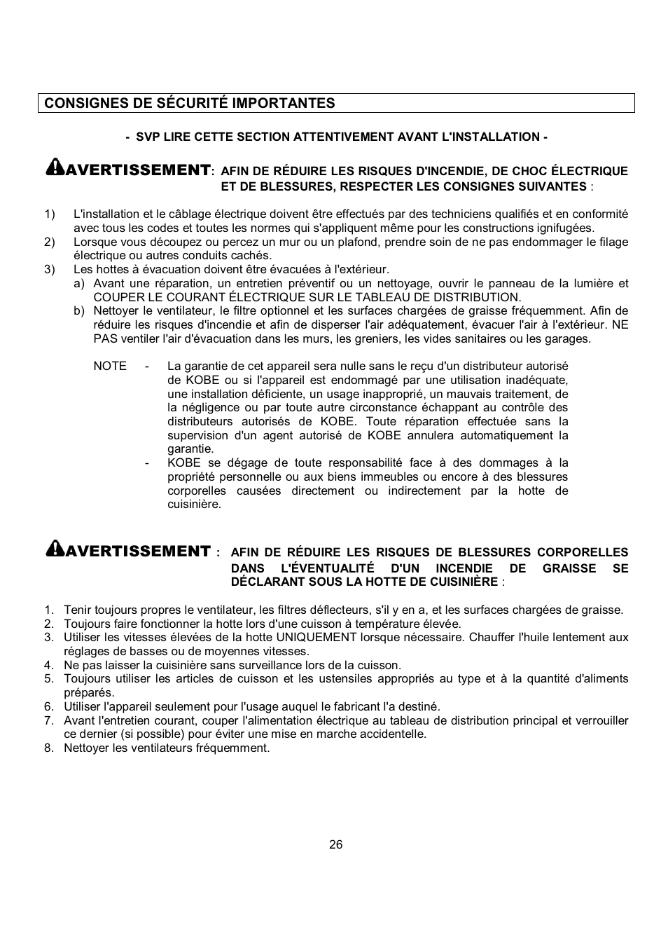 Avertissement | Kobe Range Hoods RA0242SQB User Manual | Page 29 / 76