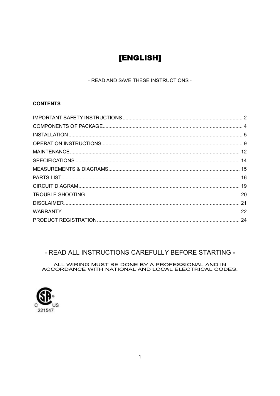 English, Read all instructions carefully before starting | Kobe Range Hoods RA0242SQB User Manual | Page 4 / 76