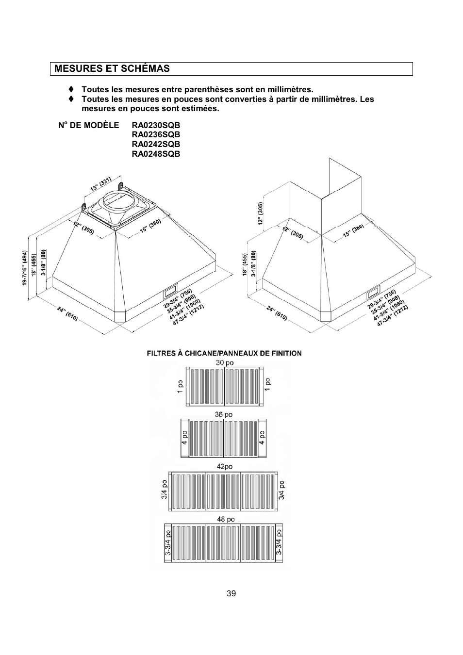 Mesures et schémas | Kobe Range Hoods RA0242SQB User Manual | Page 42 / 76