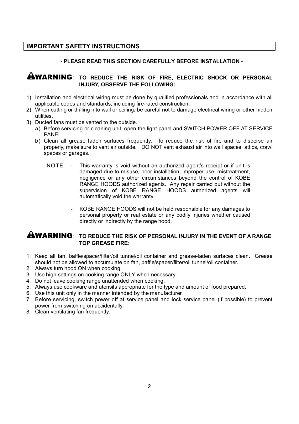 Warning | Kobe Range Hoods RA0242SQB User Manual | Page 5 / 76