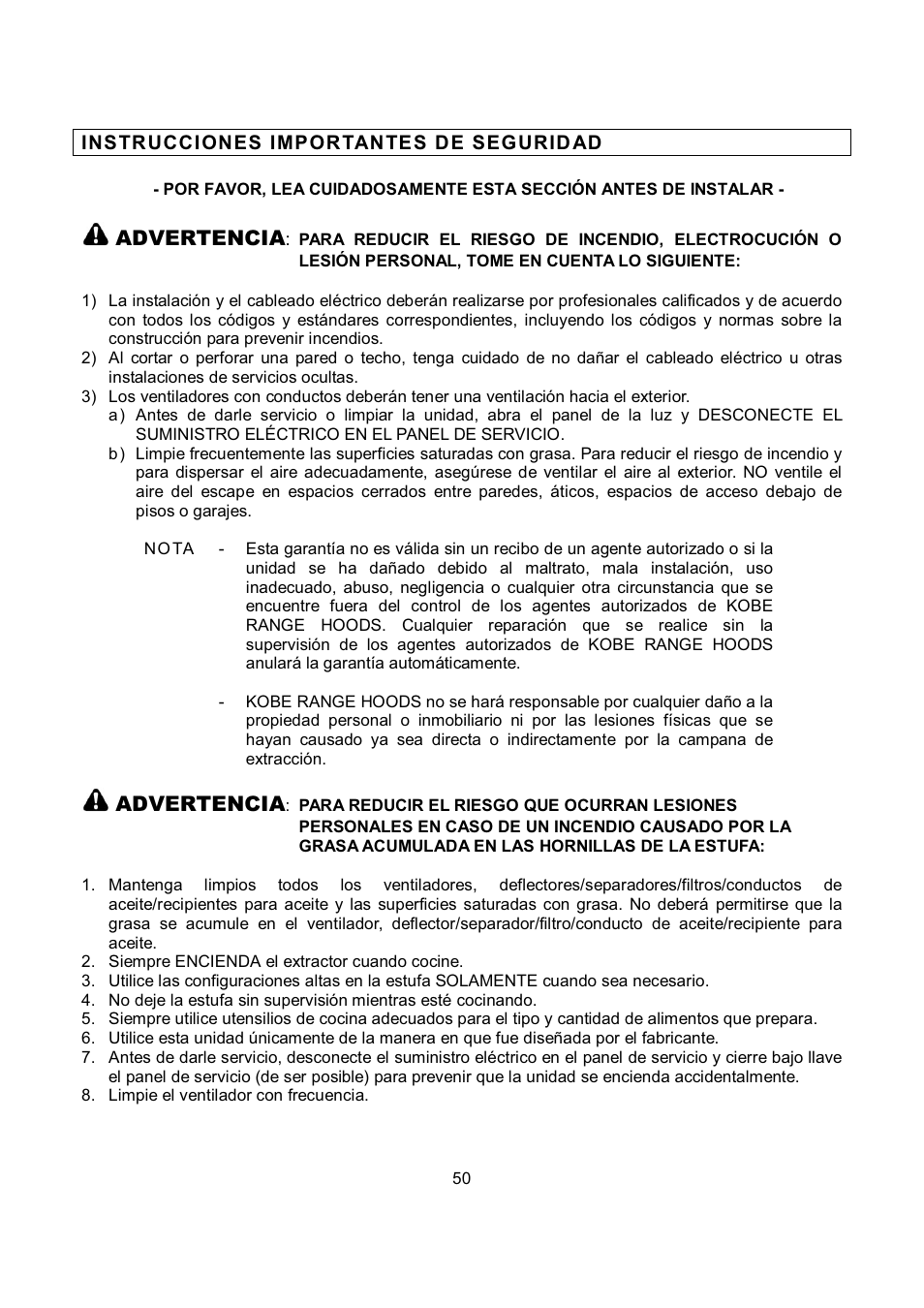Advertencia | Kobe Range Hoods RA0242SQB User Manual | Page 53 / 76