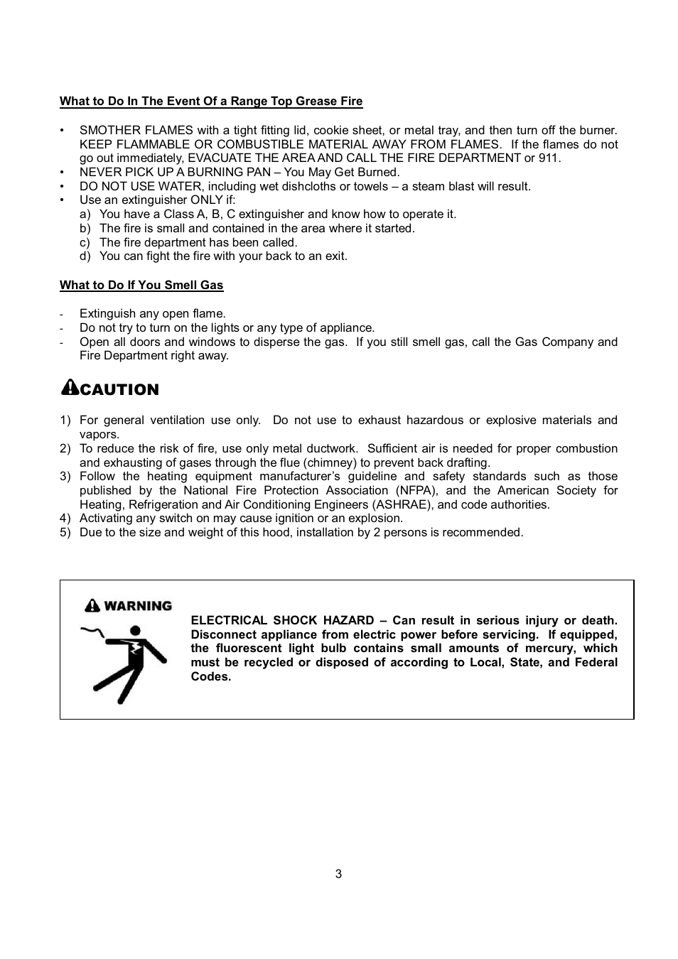 Caution | Kobe Range Hoods RA0242SQB User Manual | Page 6 / 76