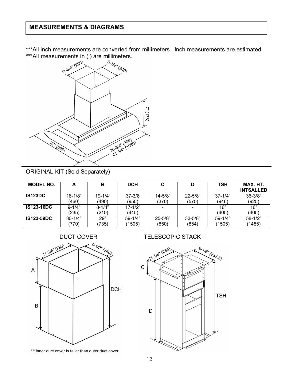 Measurements & diagrams | Kobe Range Hoods IS2342SQ User Manual | Page 14 / 23