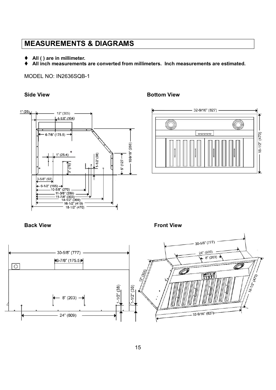 Measurements & diagrams | Kobe Range Hoods IN2636SQB-1 User Manual | Page 18 / 76