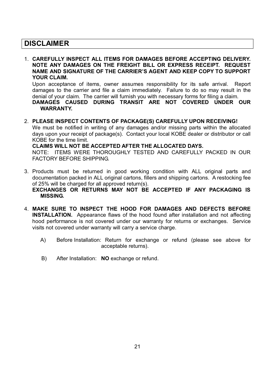 Disclaimer | Kobe Range Hoods IN2636SQB-1 User Manual | Page 24 / 76