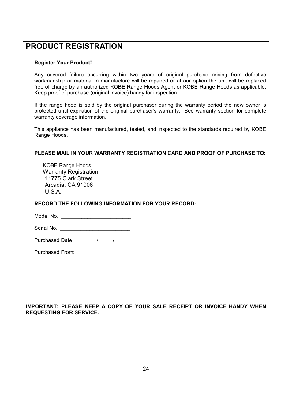 Product registration | Kobe Range Hoods IN2636SQB-1 User Manual | Page 27 / 76