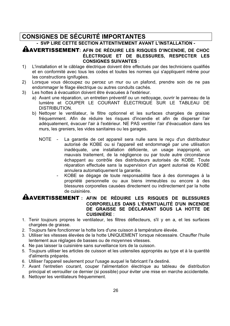 Consignes de sécurité importantes | Kobe Range Hoods IN2636SQB-1 User Manual | Page 29 / 76