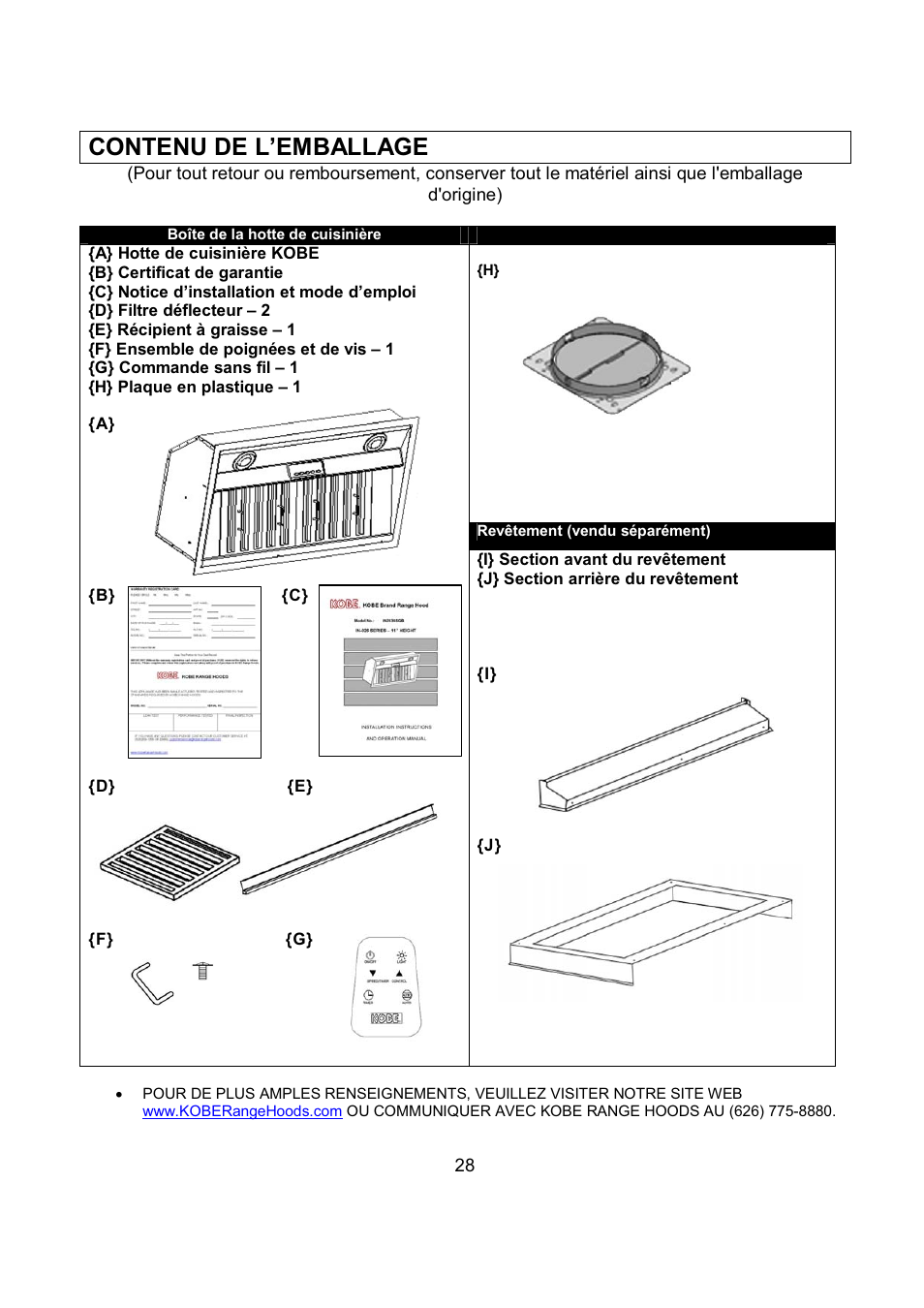 Contenu de l’emballage | Kobe Range Hoods IN2636SQB-1 User Manual | Page 31 / 76