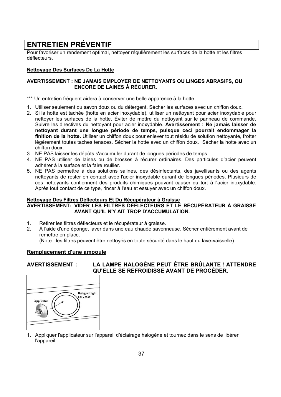 Entretien préventif | Kobe Range Hoods IN2636SQB-1 User Manual | Page 40 / 76