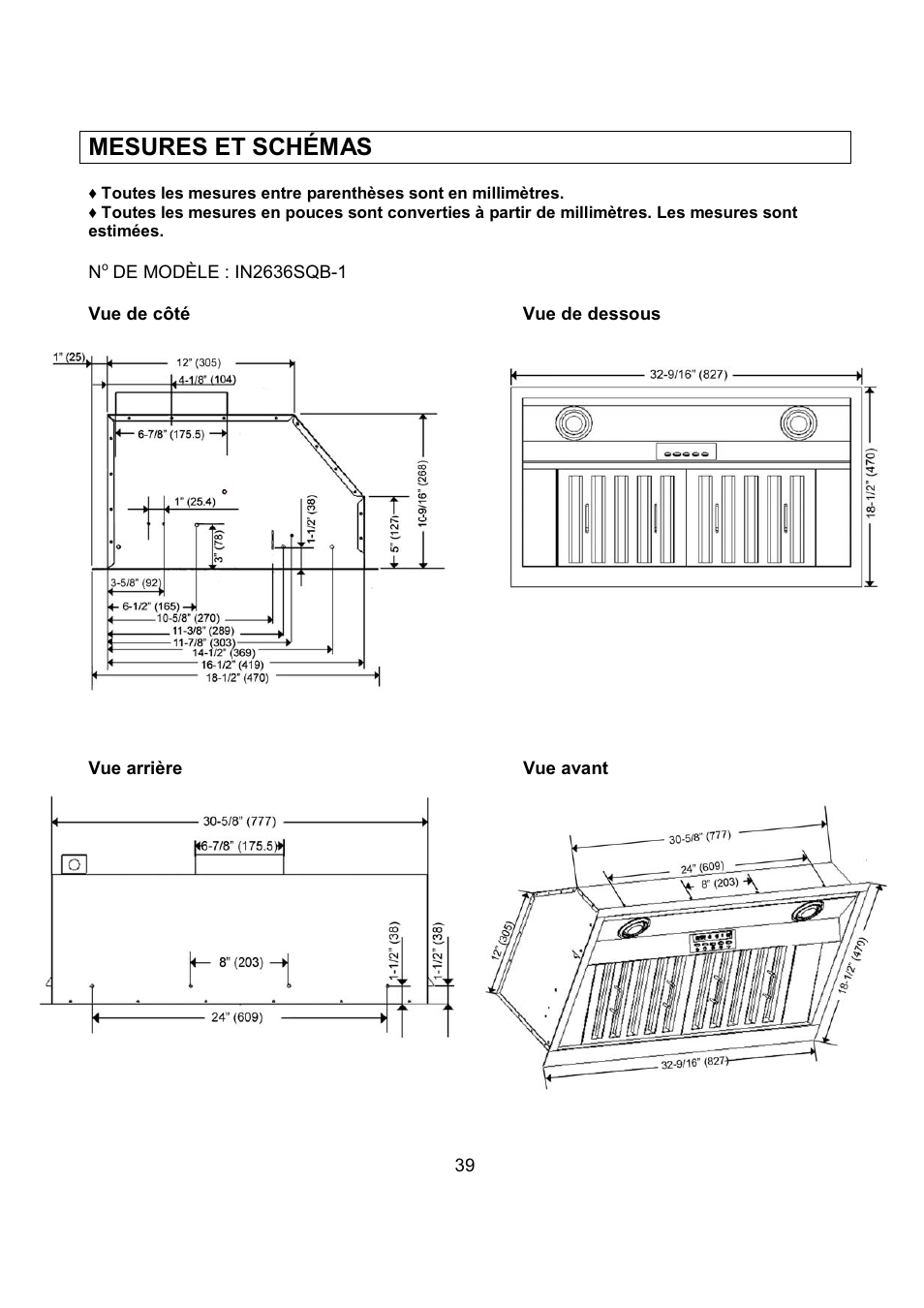 Mesures et schémas | Kobe Range Hoods IN2636SQB-1 User Manual | Page 42 / 76