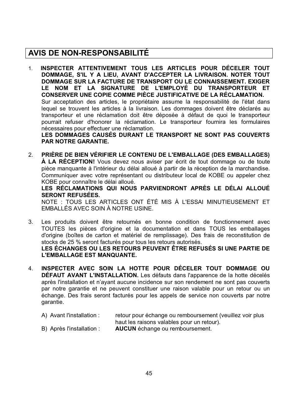 Avis de non-responsabilité | Kobe Range Hoods IN2636SQB-1 User Manual | Page 48 / 76