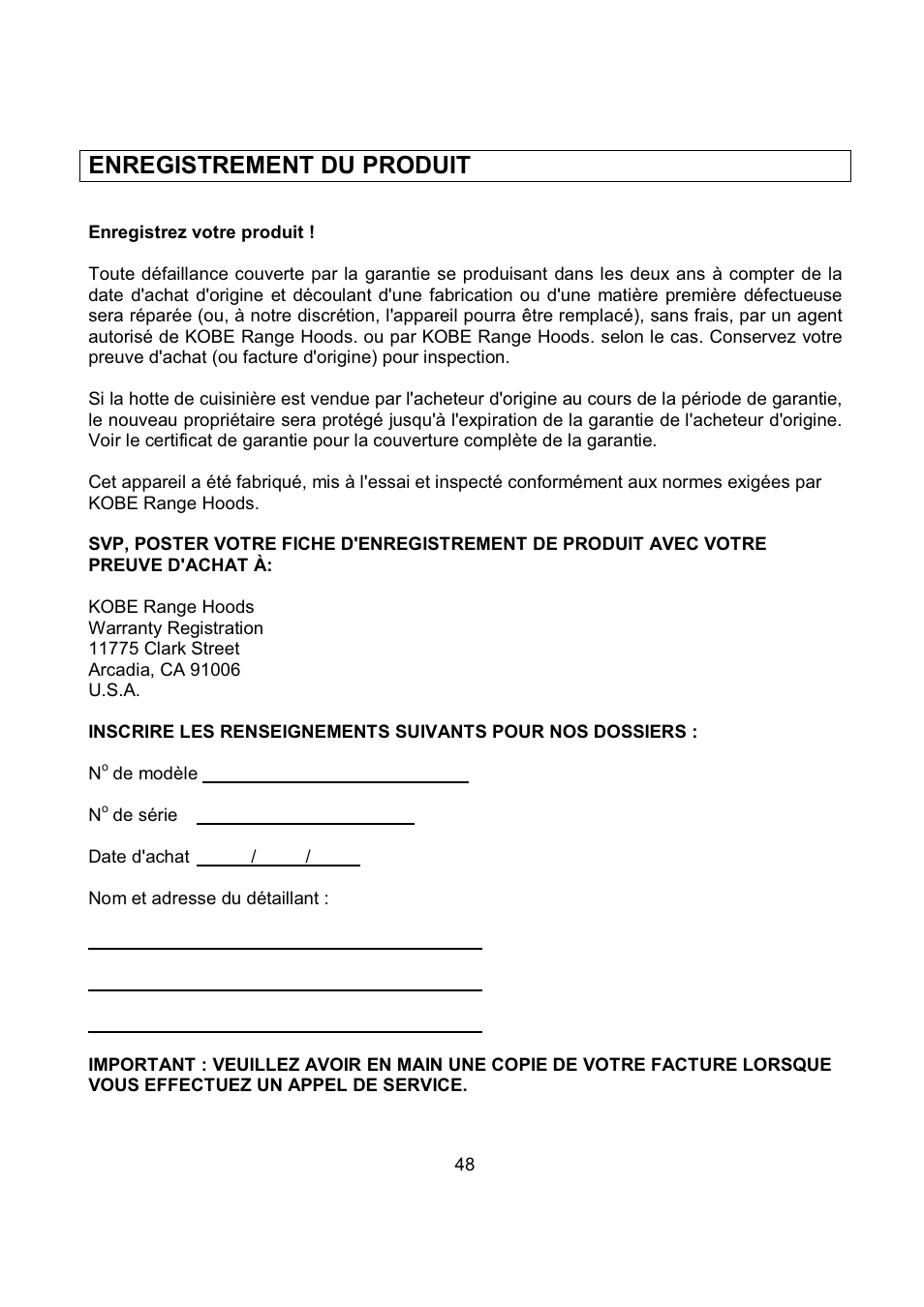 Enregistrement du produit | Kobe Range Hoods IN2636SQB-1 User Manual | Page 51 / 76