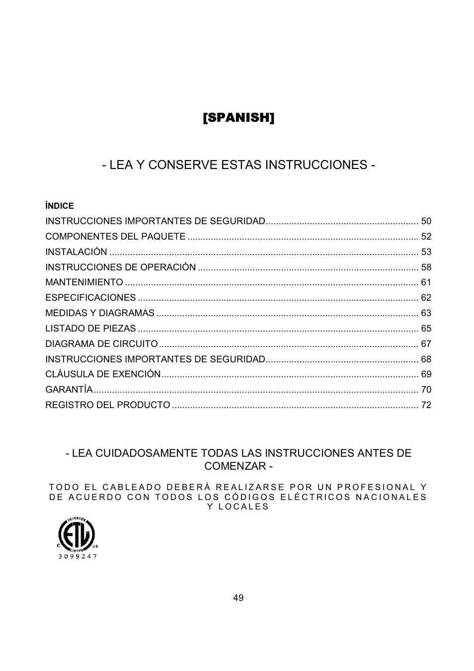 Spanish] - lea y conserve estas instrucciones | Kobe Range Hoods IN2636SQB-1 User Manual | Page 52 / 76