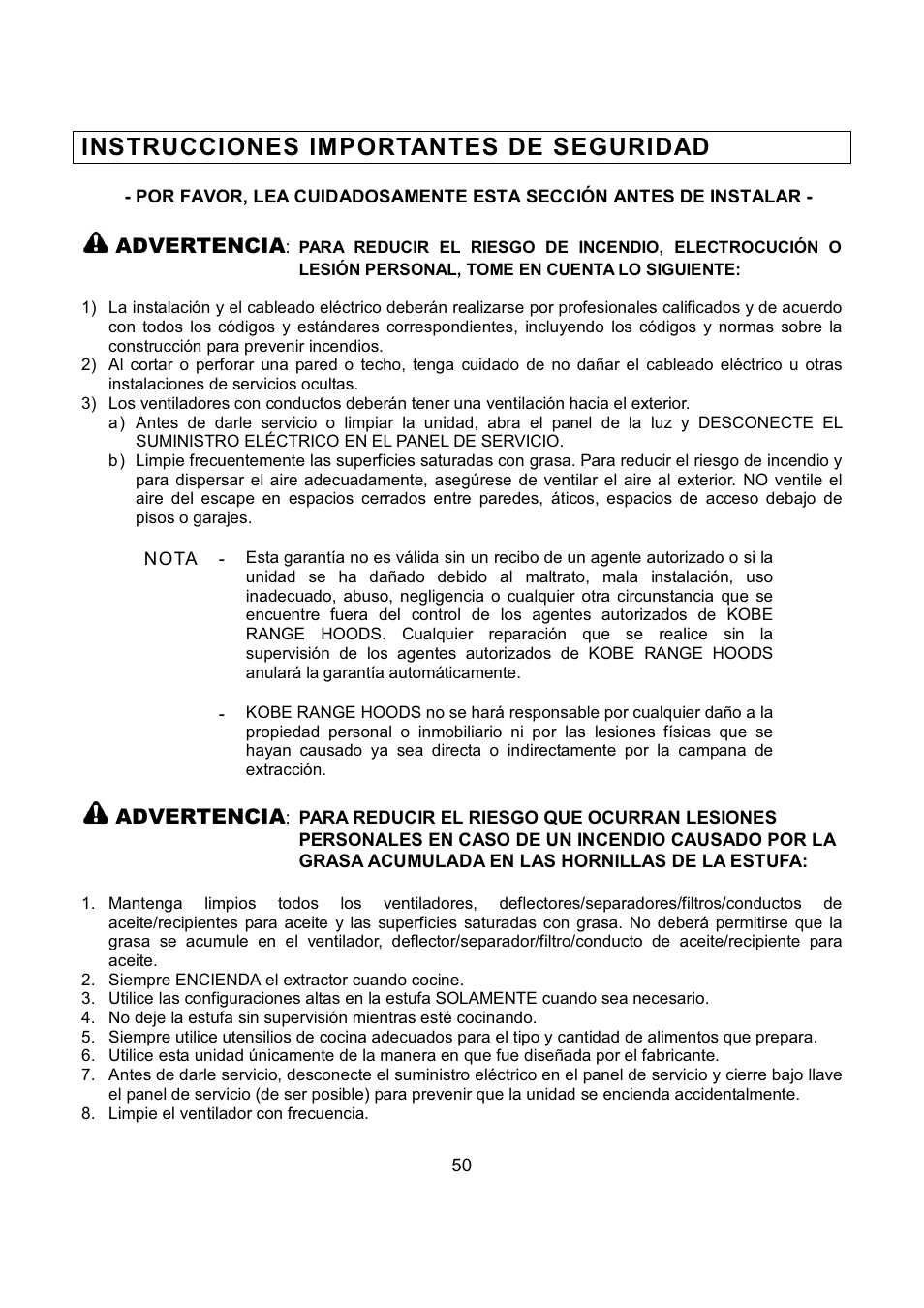Instrucciones importantes de seguridad | Kobe Range Hoods IN2636SQB-1 User Manual | Page 53 / 76