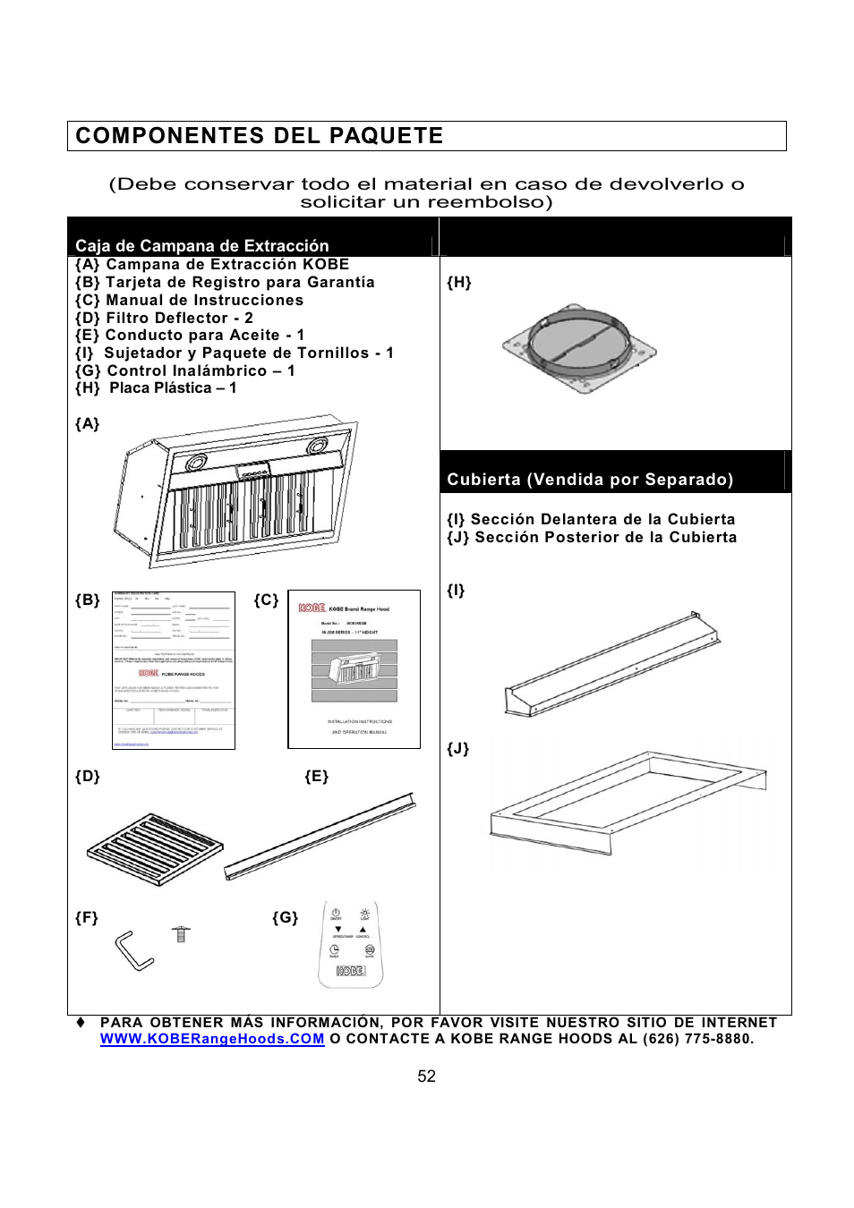 Componentes del paquete | Kobe Range Hoods IN2636SQB-1 User Manual | Page 55 / 76