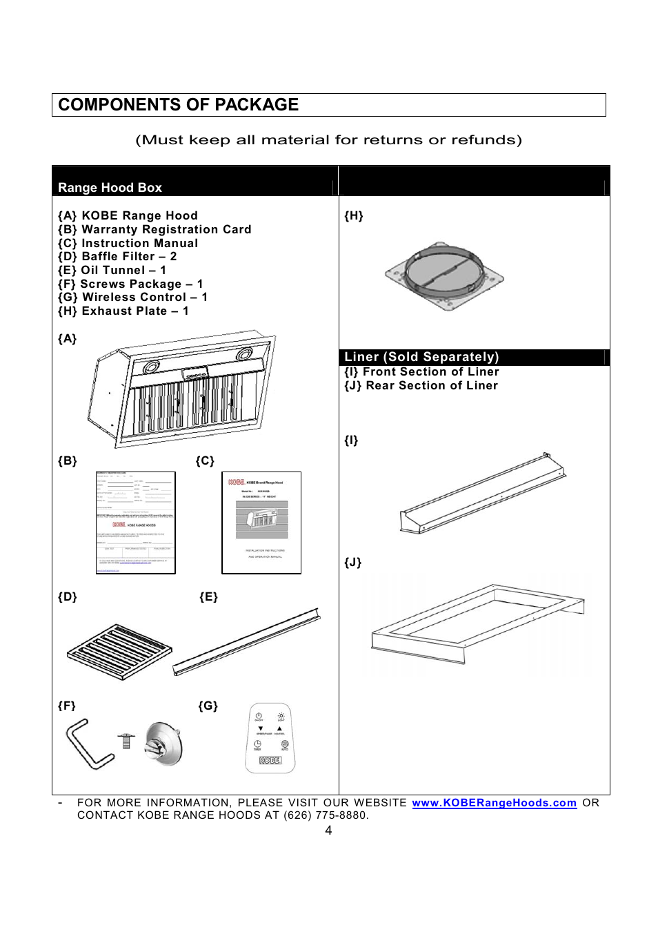 Components of package | Kobe Range Hoods IN2636SQB-1 User Manual | Page 7 / 76