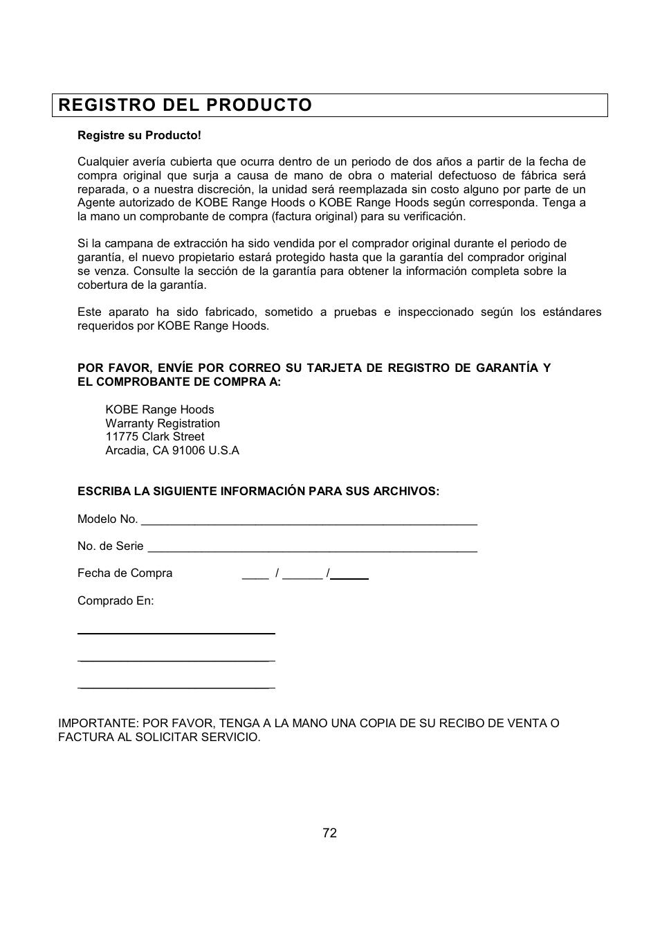 Registro del producto | Kobe Range Hoods IN2636SQB-1 User Manual | Page 75 / 76