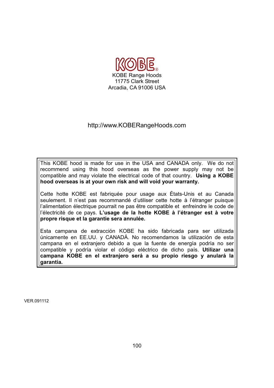 Kobe Range Hoods CH2736SQB User Manual | Page 102 / 102
