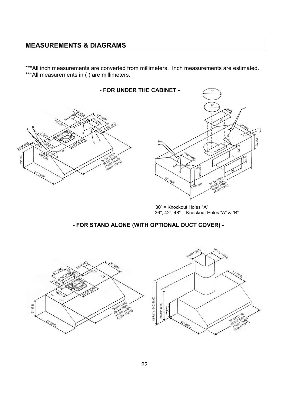 Measurements & diagrams | Kobe Range Hoods CH2736SQB User Manual | Page 24 / 102