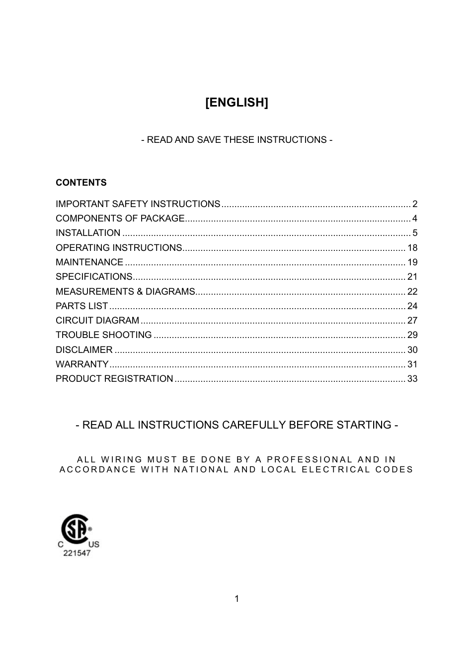 English | Kobe Range Hoods CH2736SQB User Manual | Page 3 / 102