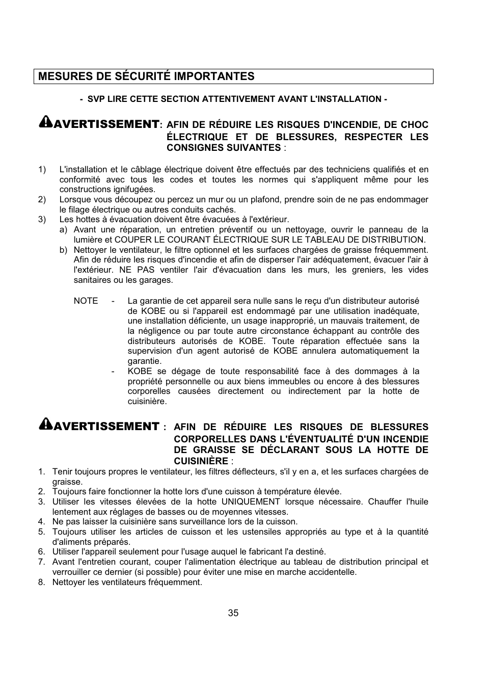 Mesures de sécurité importantes, Avertissement | Kobe Range Hoods CH2736SQB User Manual | Page 37 / 102