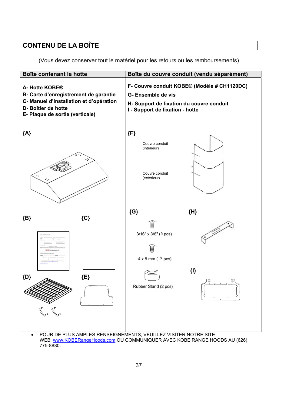 Contenu de la boîte | Kobe Range Hoods CH2736SQB User Manual | Page 39 / 102